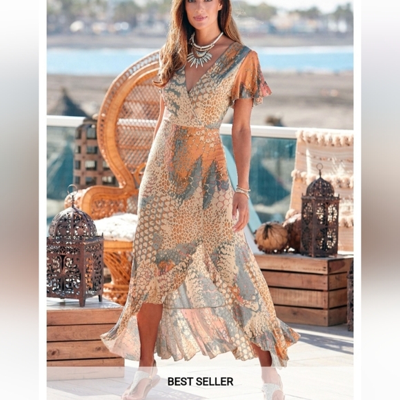Lascana Dresses & Skirts - Boho V-Neck Flutter Sleeve Maxi Dress in Orange and Beige